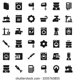 Flat vector icon set - washer vector, washing powder, mixer, double boiler, blender, tomography, gear, construction crane, card reader, dishwasher, coffee maker, meat grinder, sewing machine