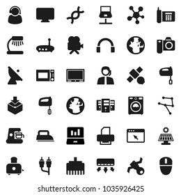 Flat vector icon set - washer vector, mixer, toaster, microwave oven, table lamp, world, laptop graph, earth, satellite, phone, support, package, antenna, video camera, headphones, social media, rca