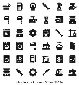 Flat vector icon set - washer vector, washing powder, mixer, double boiler, blender, tomography, gear, construction crane, card reader, dishwasher, coffee maker, meat grinder, sewing machine