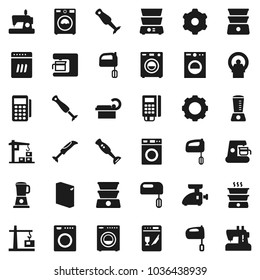 Flat vector icon set - washer vector, washing powder, mixer, double boiler, blender, tomography, gear, construction crane, card reader, dishwasher, coffee maker, meat grinder, sewing machine