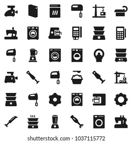 Flat vector icon set - washer vector, washing powder, mixer, double boiler, blender, tomography, gear, construction crane, card reader, dishwasher, coffee maker, meat grinder, sewing machine