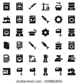 Flat vector icon set - washer vector, washing powder, mixer, double boiler, blender, tomography, gear, construction crane, card reader, dishwasher, coffee maker, meat grinder, sewing machine