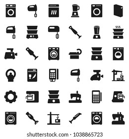 Flat vector icon set - washer vector, washing powder, mixer, double boiler, blender, tomography, gear, construction crane, card reader, dishwasher, coffee maker, meat grinder, sewing machine