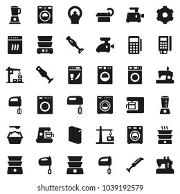 Flat vector icon set - washer vector, washing powder, mixer, double boiler, blender, tomography, gear, construction crane, card reader, dishwasher, coffee maker, meat grinder, sewing machine