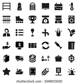 Flat vector icon set - washer vector, washboard, pan, measuring cup, scales, apron, hand mill, double boiler, blender, thermometer, book, backpack, award, exam, investment, binder, safe, heart, ship