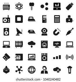 Flat vector icon set - washer vector, toaster, atom, calculator, notebook pc, magnet, world, laptop graph, support, package, sorting, radio, social media, speaker, stop button, jack, tooth implant