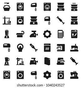 Flat vector icon set - washer vector, washing powder, mixer, double boiler, blender, tomography, gear, construction crane, card reader, dishwasher, coffee maker, meat grinder, sewing machine