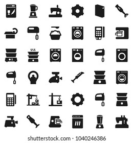 Flat vector icon set - washer vector, washing powder, mixer, double boiler, blender, tomography, gear, construction crane, card reader, dishwasher, coffee maker, meat grinder, sewing machine