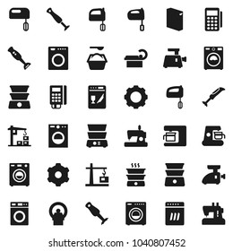 Flat vector icon set - washer vector, washing powder, mixer, double boiler, blender, tomography, gear, construction crane, card reader, dishwasher, coffee maker, meat grinder, sewing machine