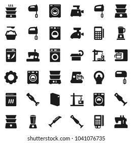 Flat vector icon set - washer vector, washing powder, mixer, double boiler, blender, tomography, gear, construction crane, card reader, dishwasher, coffee maker, meat grinder, sewing machine