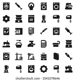 Flat vector icon set - washer vector, washing powder, mixer, double boiler, blender, tomography, gear, construction crane, card reader, dishwasher, coffee maker, meat grinder, sewing machine