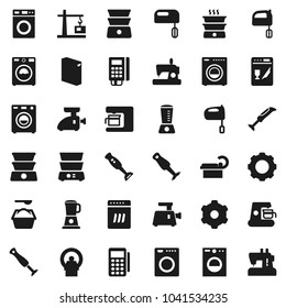 Flat vector icon set - washer vector, washing powder, mixer, double boiler, blender, tomography, gear, construction crane, card reader, dishwasher, coffee maker, meat grinder, sewing machine