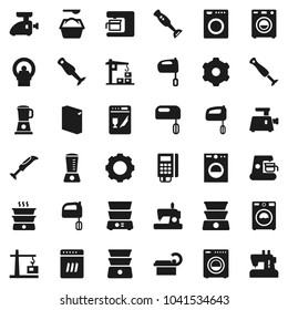 Flat vector icon set - washer vector, washing powder, mixer, double boiler, blender, tomography, gear, construction crane, card reader, dishwasher, coffee maker, meat grinder, sewing machine