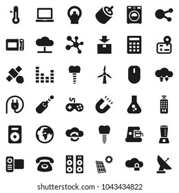 Flat vector icon set - washer vector, thermometer, notebook pc, magnet, flask, molecule, navigator, earth, satellite, package, gamepad, equalizer, video camera, remote control, social media, speaker
