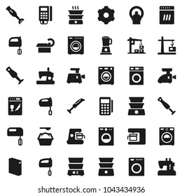 Flat vector icon set - washer vector, washing powder, mixer, double boiler, blender, tomography, gear, construction crane, card reader, dishwasher, coffee maker, meat grinder, sewing machine