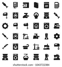 Flat vector icon set - washer vector, washing powder, mixer, double boiler, blender, tomography, gear, construction crane, card reader, dishwasher, coffee maker, meat grinder, sewing machine