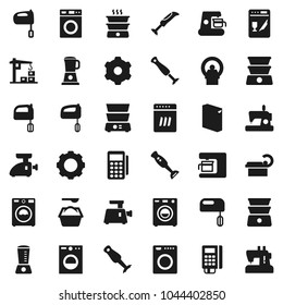 Flat vector icon set - washer vector, washing powder, mixer, double boiler, blender, tomography, gear, construction crane, card reader, dishwasher, coffee maker, meat grinder, sewing machine