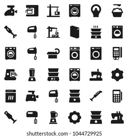 Flat vector icon set - washer vector, washing powder, mixer, double boiler, blender, tomography, gear, construction crane, card reader, dishwasher, coffee maker, meat grinder, sewing machine