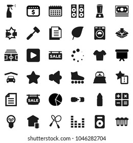 Flat vector icon set - washer vector, sprayer, kettle, meat hammer, document, leaf, pie graph, presentation board, dollar calendar, stadium, jump rope, t shirt, roller Skates, water bottle, money