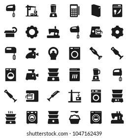 Flat vector icon set - washer vector, washing powder, mixer, double boiler, blender, tomography, gear, construction crane, card reader, dishwasher, coffee maker, meat grinder, sewing machine