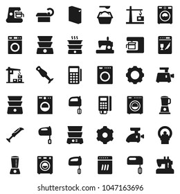 Flat vector icon set - washer vector, washing powder, mixer, double boiler, blender, tomography, gear, construction crane, card reader, dishwasher, coffee maker, meat grinder, sewing machine
