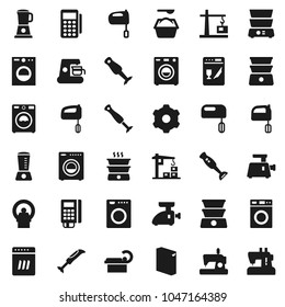 Flat vector icon set - washer vector, washing powder, mixer, double boiler, blender, tomography, gear, construction crane, card reader, dishwasher, coffee maker, meat grinder, sewing machine