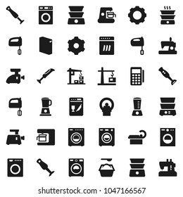 Flat vector icon set - washer vector, washing powder, mixer, double boiler, blender, tomography, gear, construction crane, card reader, dishwasher, coffee maker, meat grinder, sewing machine