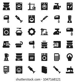 Flat vector icon set - washer vector, washing powder, mixer, double boiler, blender, tomography, gear, construction crane, card reader, dishwasher, coffee maker, meat grinder, sewing machine