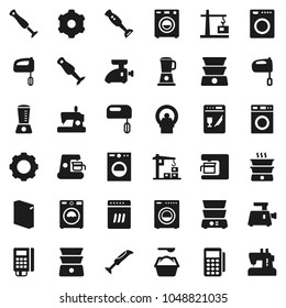 Flat vector icon set - washer vector, washing powder, mixer, double boiler, blender, tomography, gear, construction crane, card reader, dishwasher, coffee maker, meat grinder, sewing machine