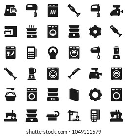 Flat vector icon set - washer vector, washing powder, mixer, double boiler, blender, tomography, gear, construction crane, card reader, dishwasher, coffee maker, meat grinder, sewing machine