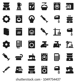 Flat vector icon set - washer vector, washing powder, mixer, double boiler, blender, tomography, gear, construction crane, card reader, dishwasher, coffee maker, meat grinder, sewing machine