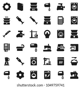 Flat vector icon set - washer vector, washing powder, mixer, double boiler, blender, tomography, gear, construction crane, card reader, dishwasher, coffee maker, meat grinder, sewing machine