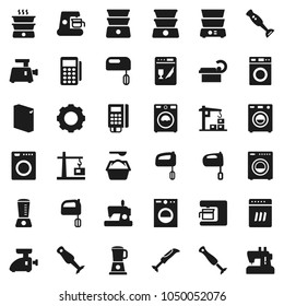 Flat vector icon set - washer vector, washing powder, mixer, double boiler, blender, tomography, gear, construction crane, card reader, dishwasher, coffee maker, meat grinder, sewing machine