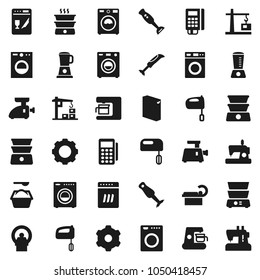 Flat vector icon set - washer vector, washing powder, mixer, double boiler, blender, tomography, gear, construction crane, card reader, dishwasher, coffee maker, meat grinder, sewing machine