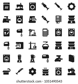 Flat vector icon set - washer vector, washing powder, mixer, double boiler, blender, tomography, gear, construction crane, card reader, dishwasher, coffee maker, meat grinder, sewing machine