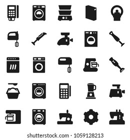 Flat vector icon set - washer vector, washing powder, mixer, double boiler, blender, tomography, gear, card reader, dishwasher, coffee maker, meat grinder, sewing machine