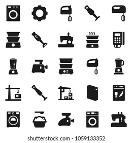 Flat vector icon set - washer vector, washing powder, mixer, double boiler, blender, gear, construction crane, card reader, dishwasher, meat grinder, sewing machine