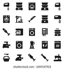 Flat vector icon set - washer vector, washing powder, mixer, double boiler, blender, construction crane, card reader, dishwasher, coffee maker, meat grinder, sewing machine