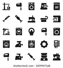 Flat vector icon set - washer vector, mixer, blender, tomography, gear, construction crane, card reader, dishwasher, coffee maker, meat grinder, double boiler, sewing machine