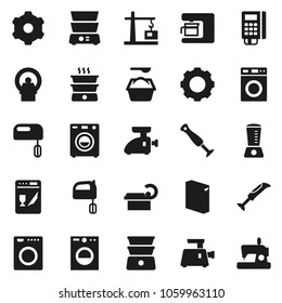 Flat vector icon set - washer vector, washing powder, mixer, double boiler, tomography, gear, construction crane, card reader, dishwasher, coffee maker, meat grinder, blender, sewing machine