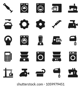 Flat vector icon set - washer vector, washing powder, mixer, double boiler, tomography, gear, construction crane, card reader, coffee maker, meat grinder, blender, sewing machine