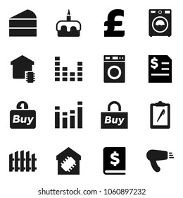 Flat vector icon set - washer vector, cake, annual report, pound, clipboard, equalizer, fence, smart home, buy, hair dryer