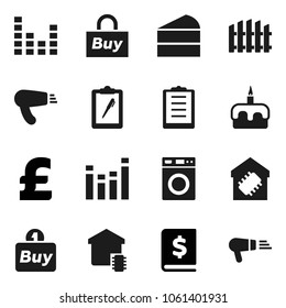 Flat vector icon set - washer vector, cake, annual report, pound, clipboard, equalizer, fence, smart home, buy, hair dryer