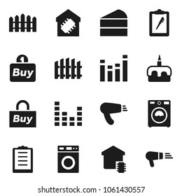 Flat vector icon set - washer vector, cake, clipboard, equalizer, fence, smart home, buy, hair dryer