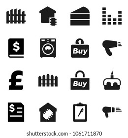 Flat vector icon set - washer vector, cake, annual report, pound, clipboard, equalizer, fence, smart home, buy, hair dryer