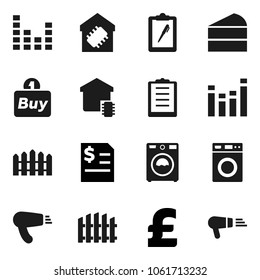 Flat vector icon set - washer vector, cake, annual report, pound, clipboard, equalizer, fence, smart home, buy, hair dryer