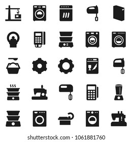 Flat vector icon set - washer vector, washing powder, mixer, double boiler, tomography, gear, construction crane, card reader, dishwasher, blender, sewing machine