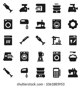 Flat vector icon set - washer vector, washing powder, double boiler, blender, gear, construction crane, card reader, dishwasher, mixer, coffee maker, meat grinder, sewing machine