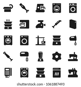 Flat vector icon set - washer vector, washing powder, mixer, double boiler, blender, tomography, gear, construction crane, card reader, dishwasher, coffee maker, meat grinder, sewing machine