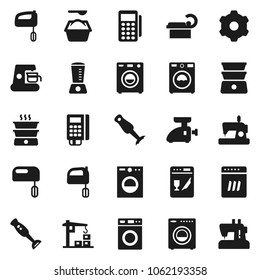 Flat vector icon set - washer vector, washing powder, mixer, double boiler, blender, tomography, gear, construction crane, card reader, dishwasher, coffee maker, meat grinder, sewing machine